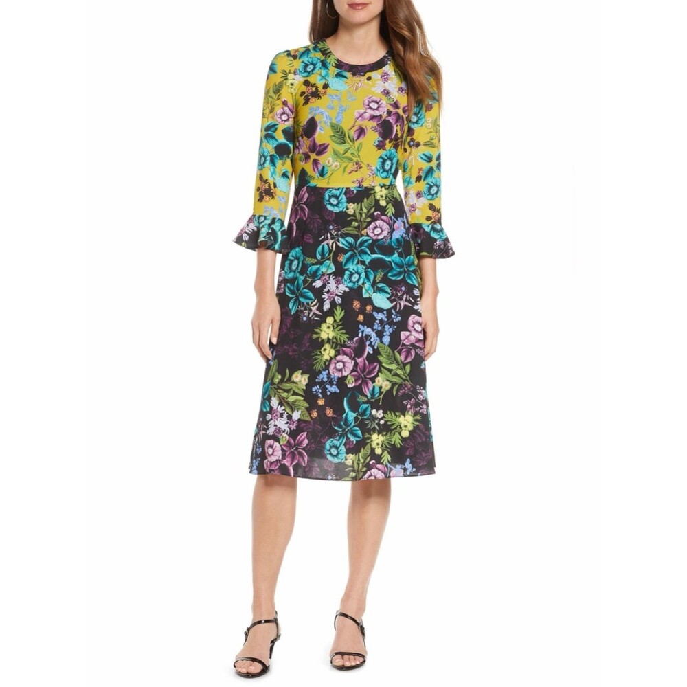 Eliza J Floral Colorblock Midi Dress Fit & Flare Dress Sz 16